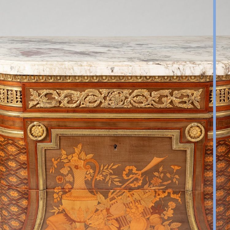 Commode in marquetry of precious woods, gilt bronze and Campan marble, 19th century
