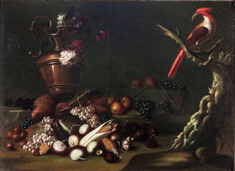 Carlo Antonio Crespi, "Stilleben mit Obst, einer Amphore und einem Papagei".