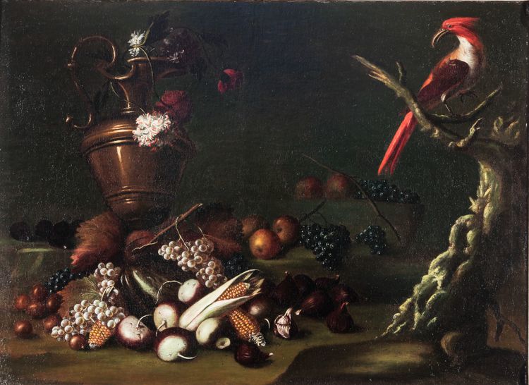 Carlo Antonio Crespi, "Stilleben mit Obst, einer Amphore und einem Papagei".