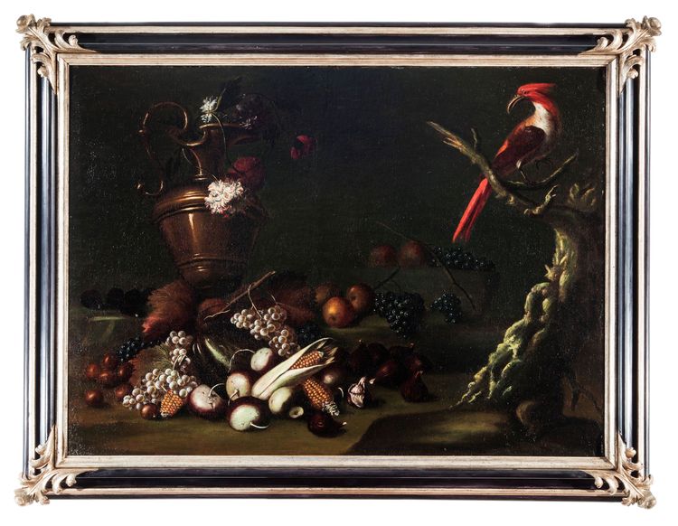 Carlo Antonio Crespi, "Stilleben mit Obst, einer Amphore und einem Papagei".