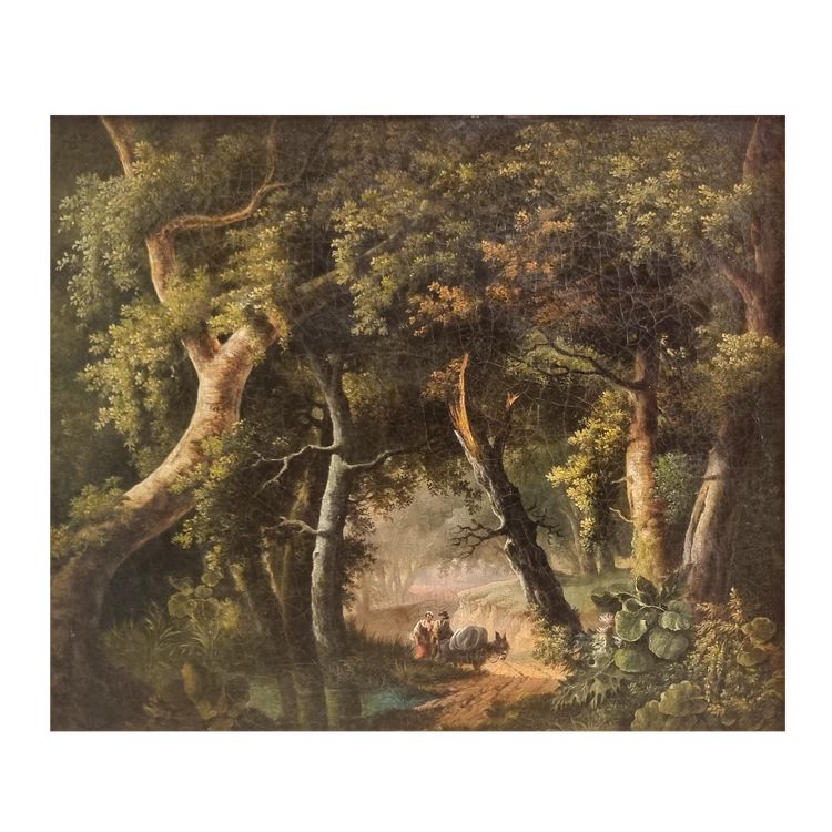 Lazare BRUANDET (Attribué à) - Paysage en forêt avec un couple et son âne
