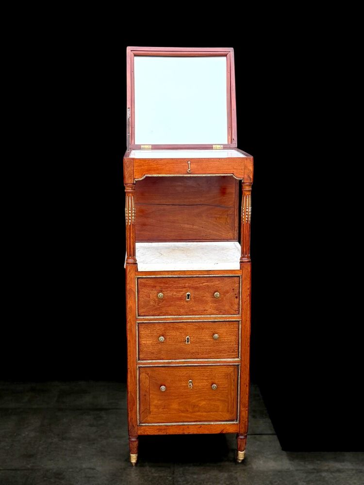 MEUBLE COIFFEUSE /BARBIERE EN ACAJOU XIXe AVEC DESSUS CUIR DECOUVRANT UN MIROIR