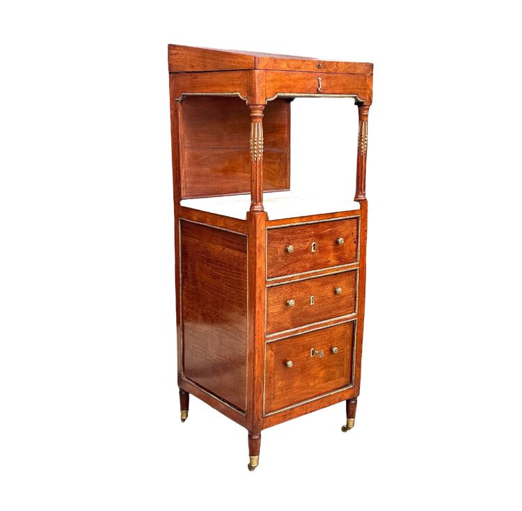 MEUBLE COIFFEUSE /BARBIERE EN ACAJOU XIXe AVEC DESSUS CUIR DECOUVRANT UN MIROIR
