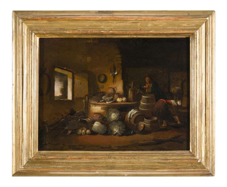 David Teniers der Jüngere (in der Art von), "Kücheninterieur mit Figuren".
