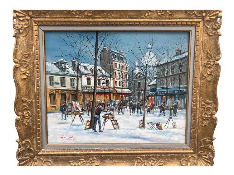 Gemälde Armand LOURENCO 1925-2004 Place du Tertre in Paris im Schnee Montmartre Peintres au cheva