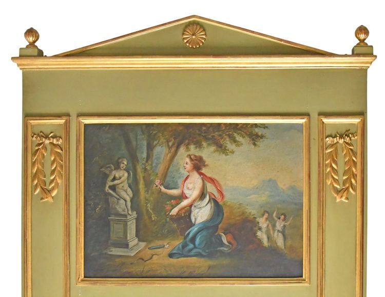 Trumeau en bois peint et décoré d'une huile sur panneau 