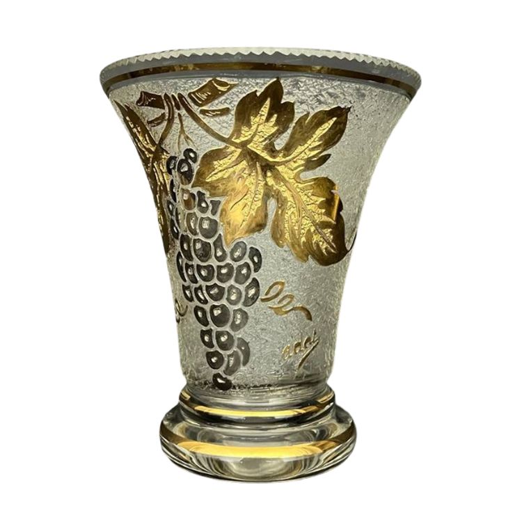 Vase en verre signé Adat – Style Art déco – Décor de grappes dorées en relief