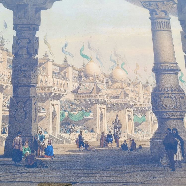 Suite de 3 Gravures aquarellées, les décorations de théâtre, XIXème siècle