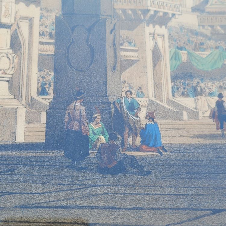 Suite de 3 Gravures aquarellées, les décorations de théâtre, XIXème siècle