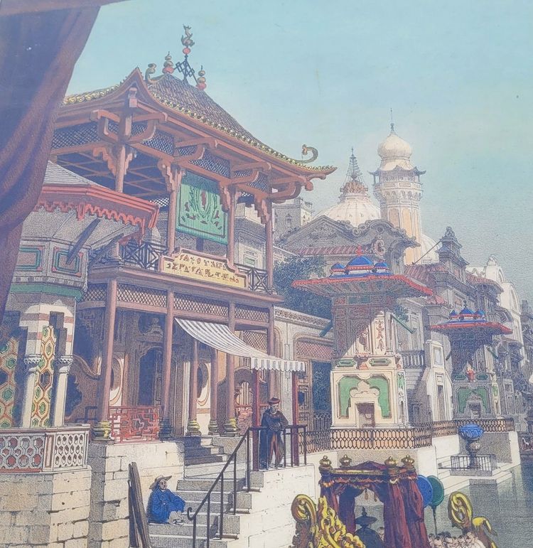 Suite de 3 Gravures aquarellées, les décorations de théâtre, XIXème siècle
