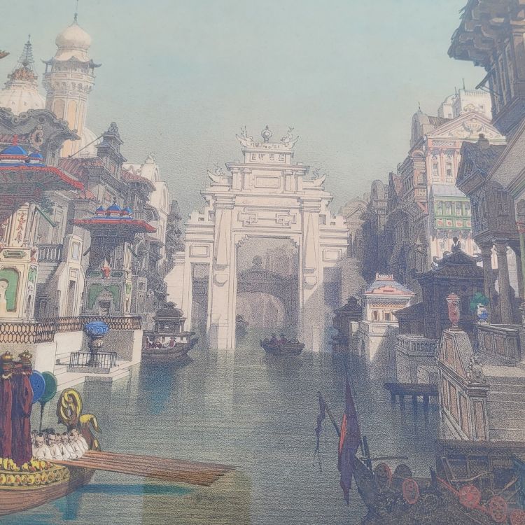 Suite de 3 Gravures aquarellées, les décorations de théâtre, XIXème siècle