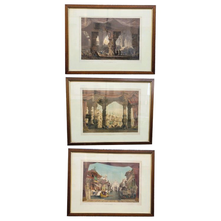 Suite de 3 Gravures aquarellées, les décorations de théâtre, XIXème siècle