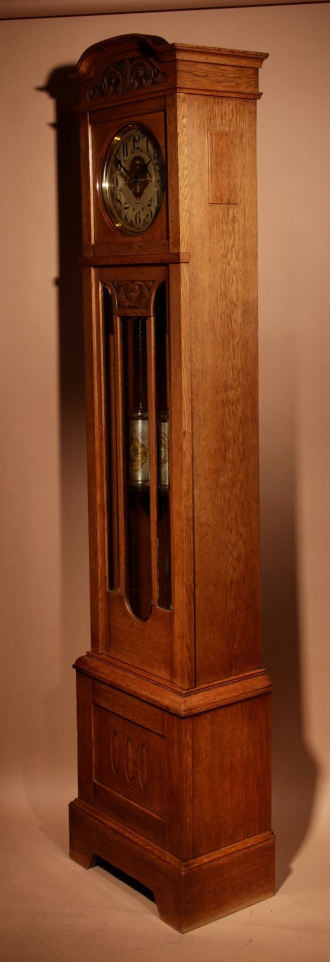 Impressive, magnificent Art Deco Dutch parquet clock in gilded oak.