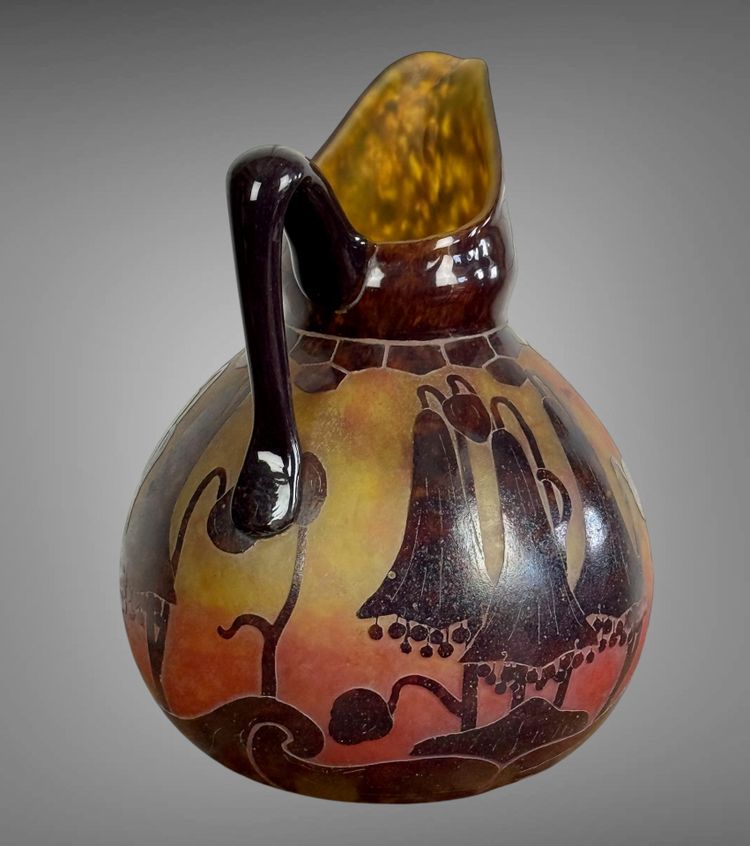 FRENCH GLASS SIGNED PITCHER IN ACID-ETCHED GLASS DECORATED WITH BELLFLOWERS