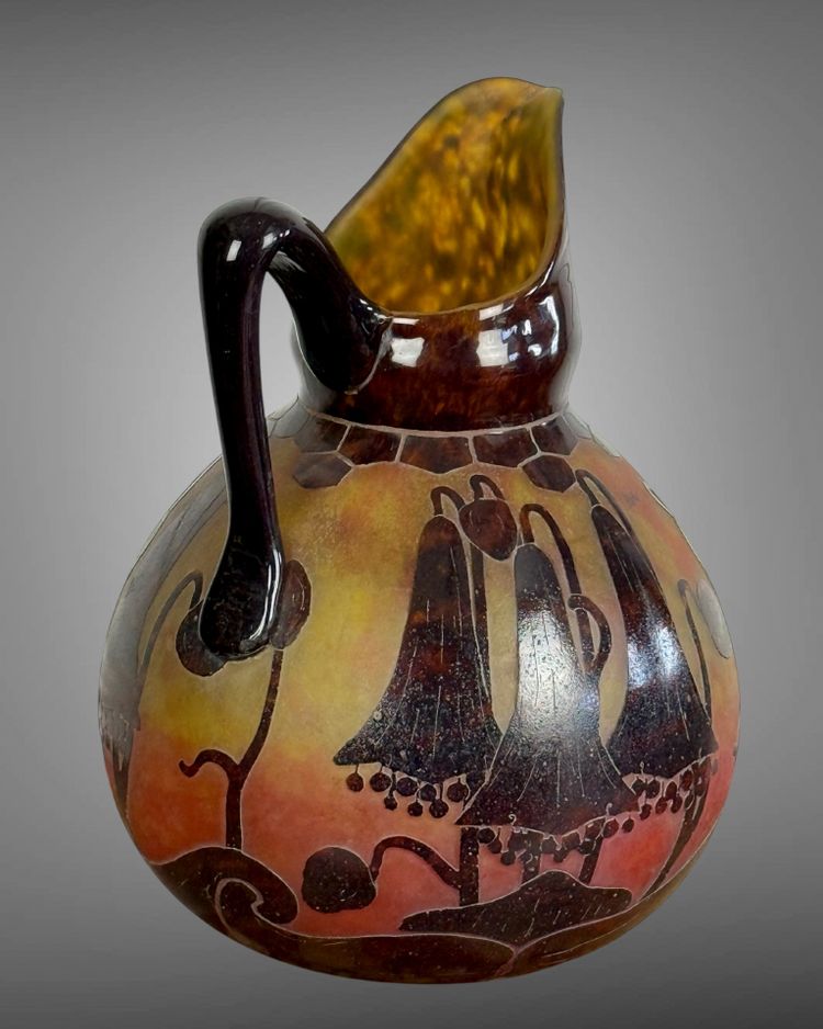 FRENCH GLASS SIGNED PITCHER IN ACID-ETCHED GLASS DECORATED WITH BELLFLOWERS