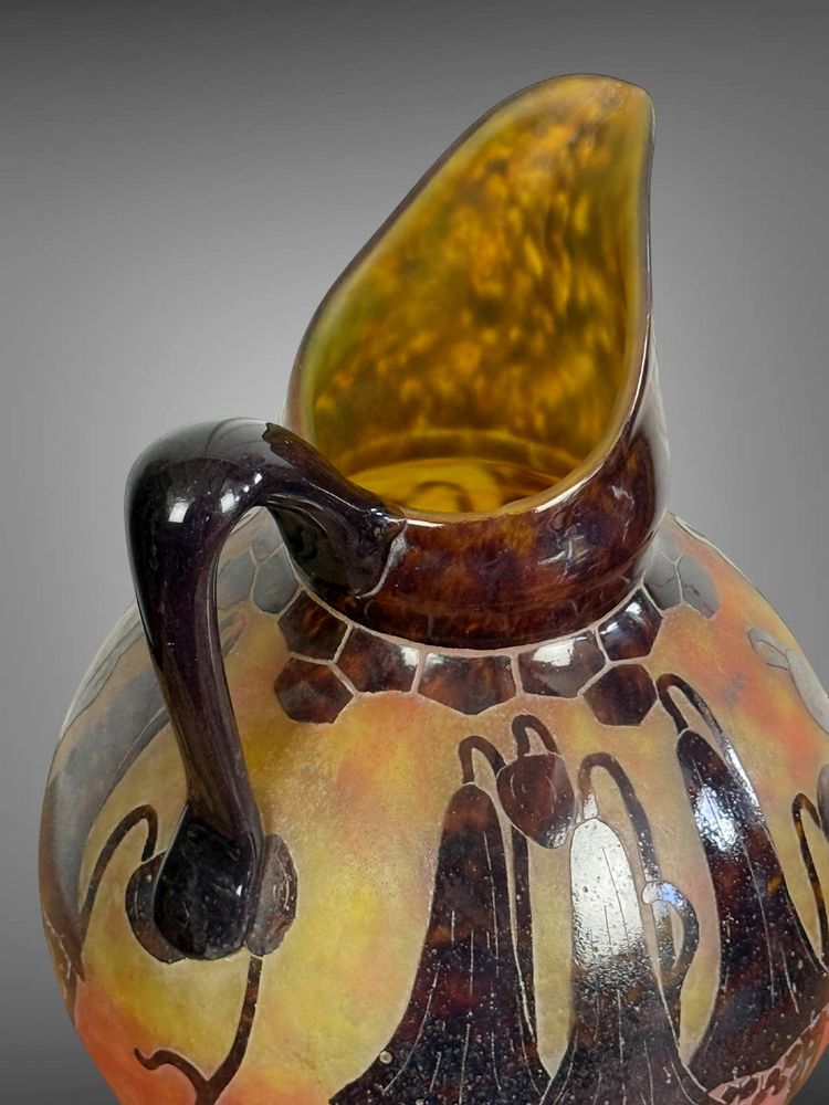 FRENCH GLASS SIGNED PITCHER IN ACID-ETCHED GLASS DECORATED WITH BELLFLOWERS