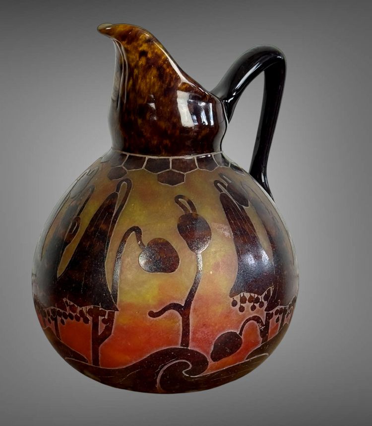 FRENCH GLASS SIGNED PITCHER IN ACID-ETCHED GLASS DECORATED WITH BELLFLOWERS
