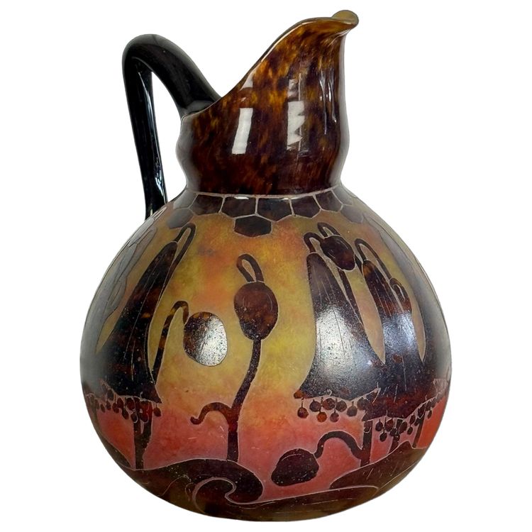 FRENCH GLASS SIGNED PITCHER IN ACID-ETCHED GLASS DECORATED WITH BELLFLOWERS