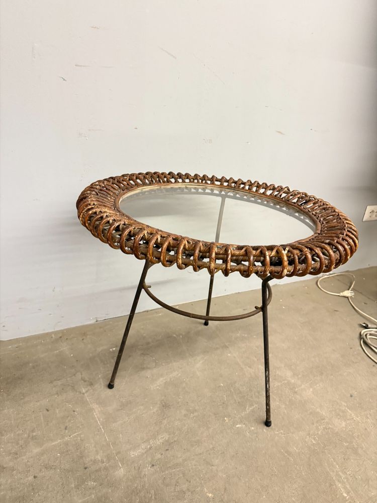 Rare table basse Bonacina en bambou et fer des années 50, 58x47cm.