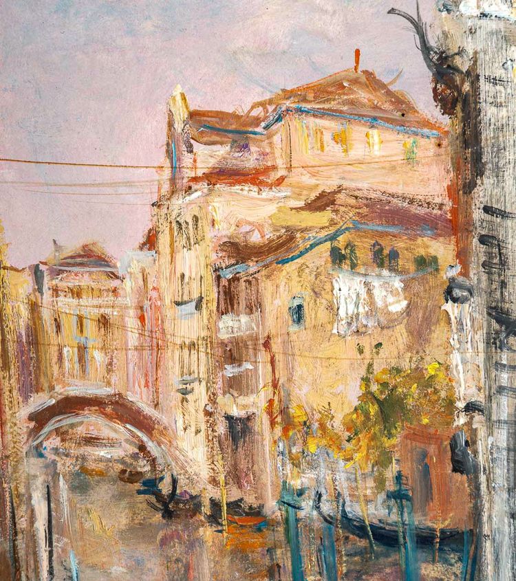 Serge Belloni (1925-2005) - Venice Small Canal with Flower Garden Oil on Panel circa 1970
