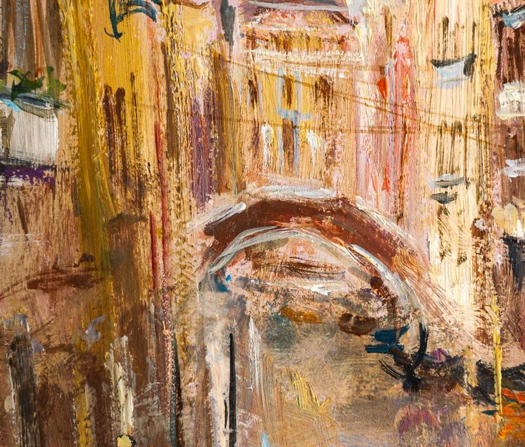 Serge Belloni (1925-2005) - Venice Small Canal with Flower Garden Oil on Panel circa 1970