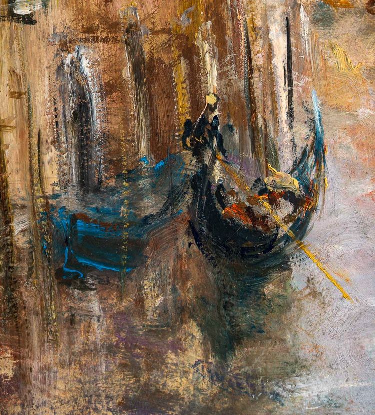 Serge Belloni (1925-2005) - Venice Small Canal with Flower Garden Oil on Panel circa 1970