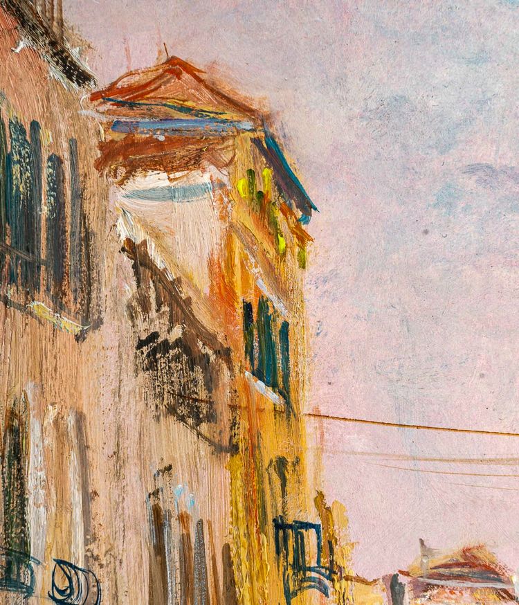 Serge Belloni (1925-2005) - Venice Small Canal with Flower Garden Oil on Panel circa 1970