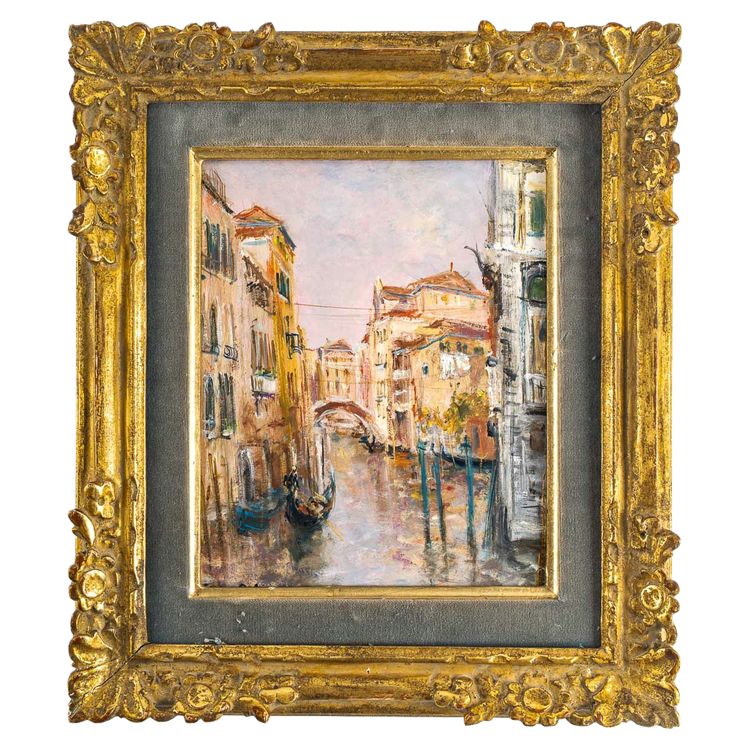 Serge Belloni (1925-2005) - Venice Small Canal with Flower Garden Oil on Panel circa 1970