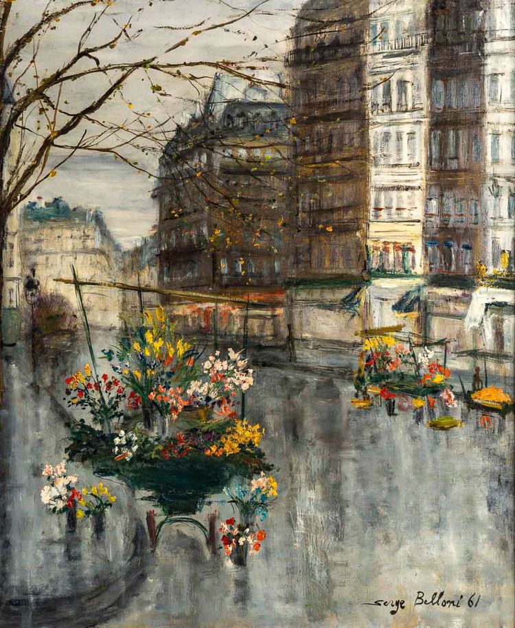 Serge Belloni (1925-2005) - La Marchande de Fleurs, chez Jeannette huile sur toile vers 1961