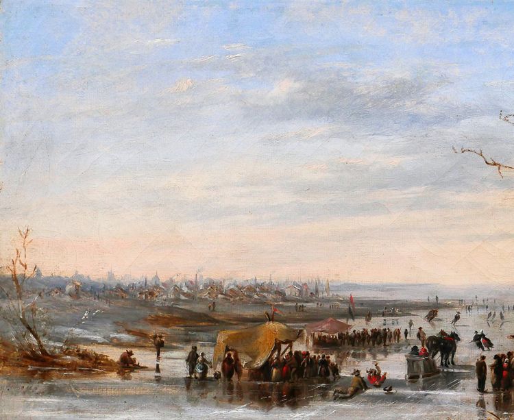 Louis SCHEPENS 1816-1884 Netherlands, skating scene in winter, painting, circa 1850-60