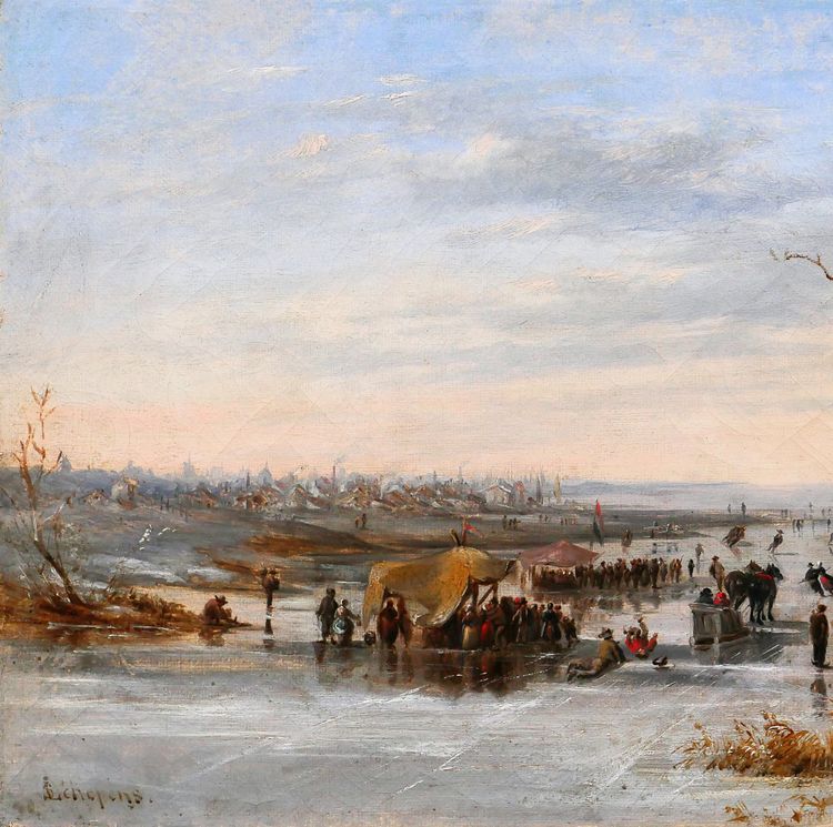 Louis SCHEPENS 1816-1884 Netherlands, skating scene in winter, painting, circa 1850-60