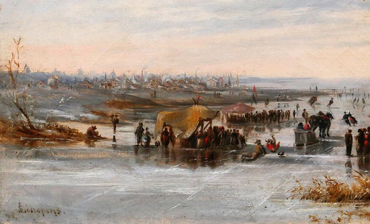 Louis SCHEPENS 1816-1884 Netherlands, skating scene in winter, painting, circa 1850-60