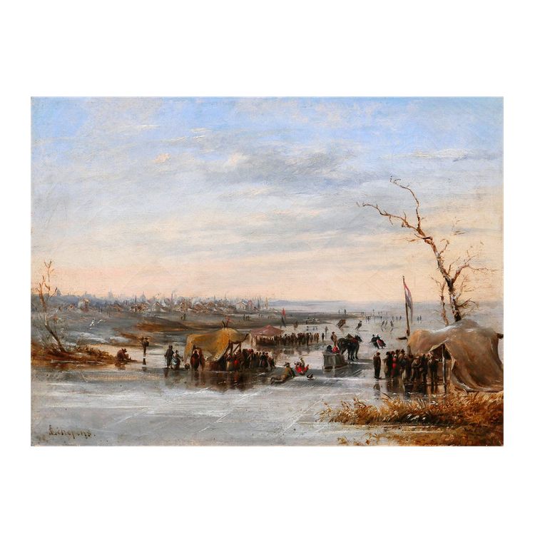 Louis SCHEPENS 1816-1884 Netherlands, skating scene in winter, painting, circa 1850-60