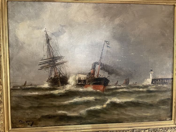 Öl auf Leinwand, signiert Malfroy, zeigt Boote an den Kais