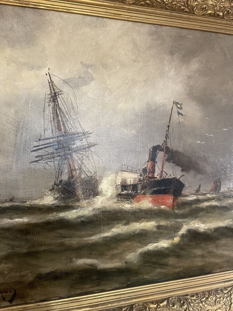 Öl auf Leinwand, signiert Malfroy, zeigt Boote an den Kais