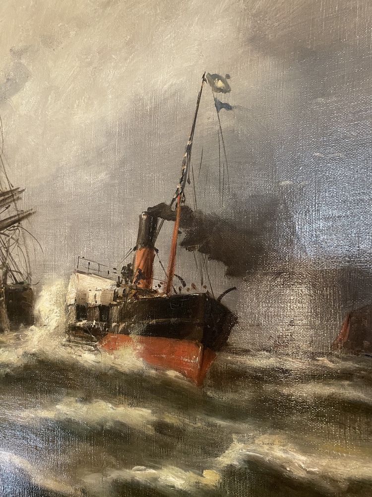 Öl auf Leinwand, signiert Malfroy, zeigt Boote an den Kais