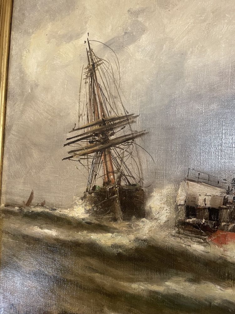 Öl auf Leinwand, signiert Malfroy, zeigt Boote an den Kais