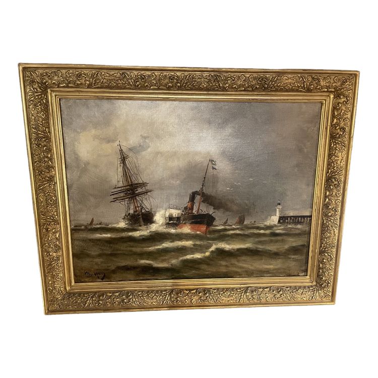 Öl auf Leinwand, signiert Malfroy, zeigt Boote an den Kais