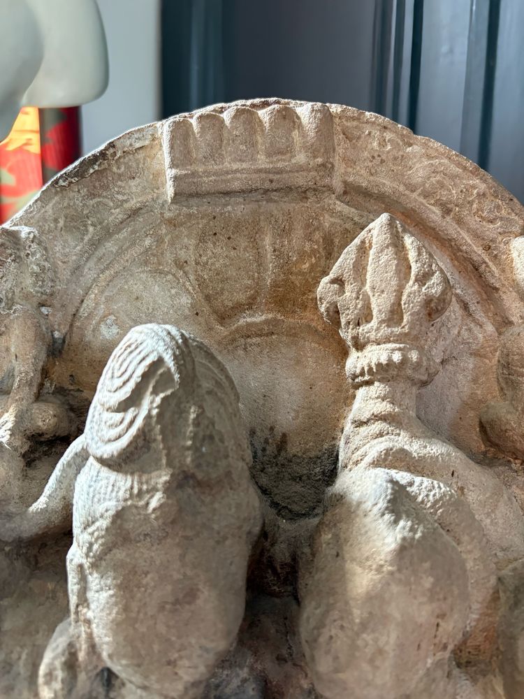Fragment of carved sandstone stele – Uma-Maheshvara divine couple, medieval India, 12th century