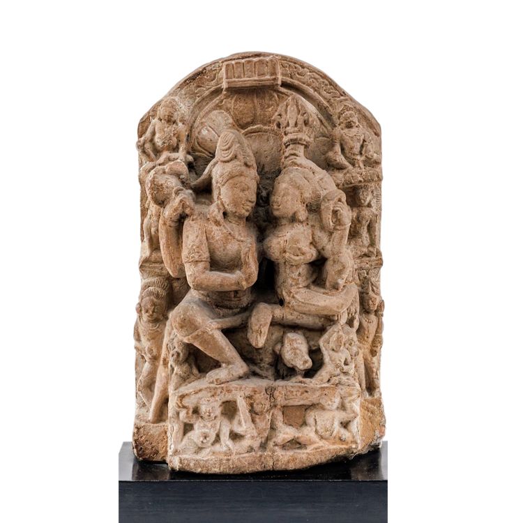 Fragment of carved sandstone stele – Uma-Maheshvara divine couple, medieval India, 12th century