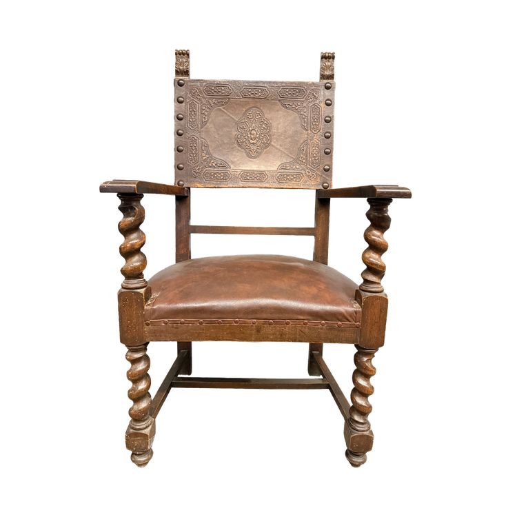Fauteuil ancien néo-Renaissance avec accoudoirs et cuir imprimé, XIXe siècle. 50x63x55cm