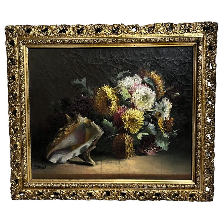 Flowers and shell, oil on canvas, framed