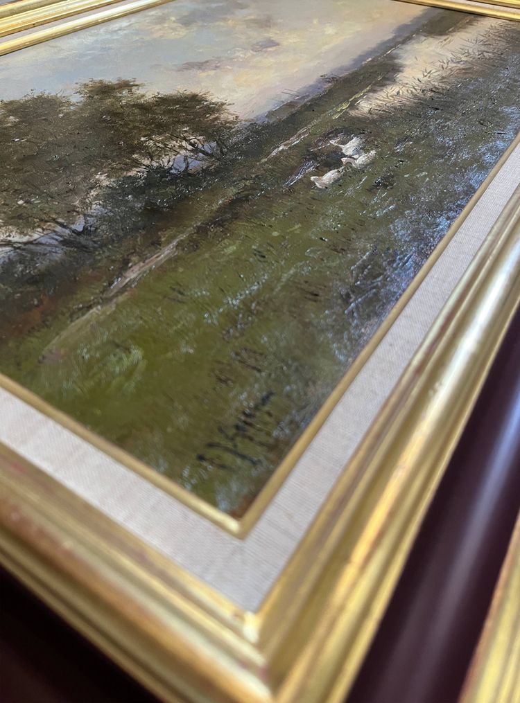 HST painting "Landscape with white ducks" signed + frame