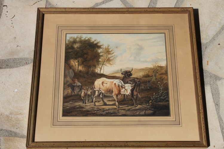 Scena pastorale ad acquerello con mucche, XIX secolo