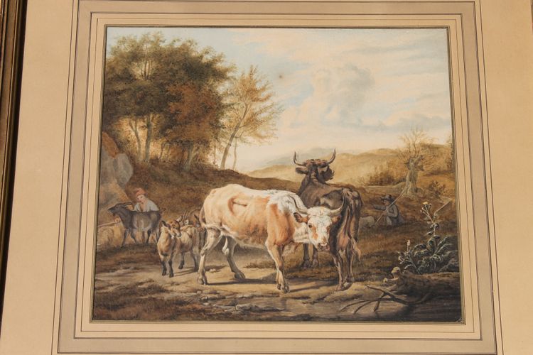 Scena pastorale ad acquerello con mucche, XIX secolo