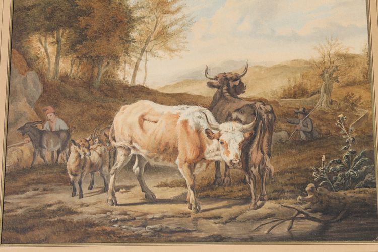 Scena pastorale ad acquerello con mucche, XIX secolo