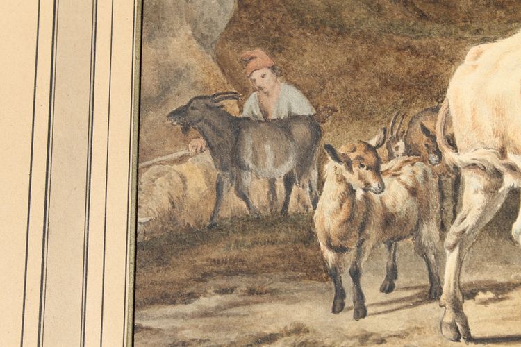 Scena pastorale ad acquerello con mucche, XIX secolo