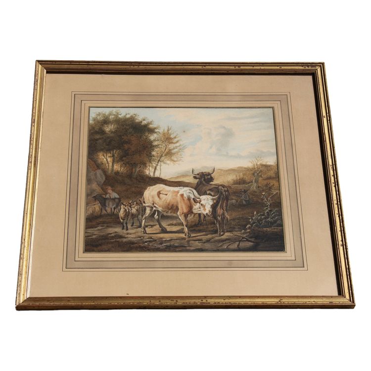 Scena pastorale ad acquerello con mucche, XIX secolo