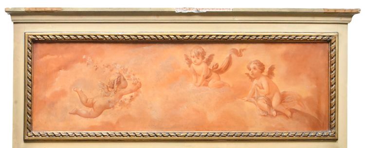 Painted wooden trumeau topped with an oil on panel with cherubs