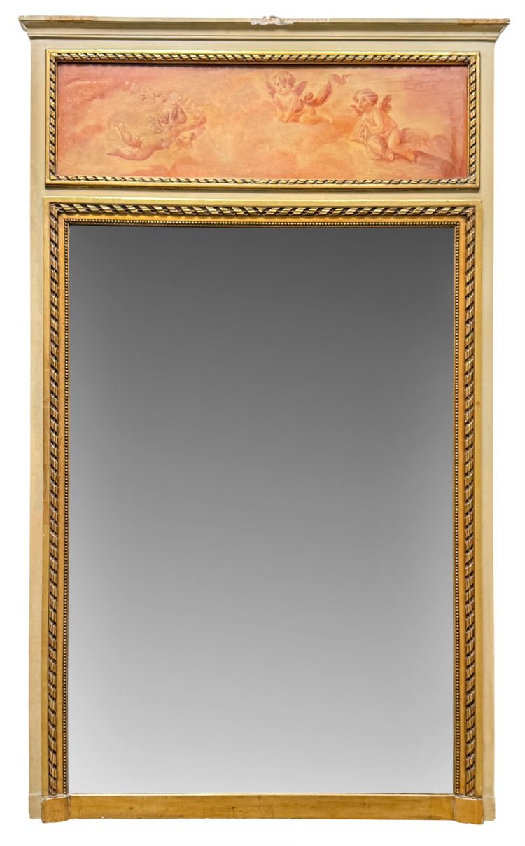 Painted wooden trumeau topped with an oil on panel with cherubs